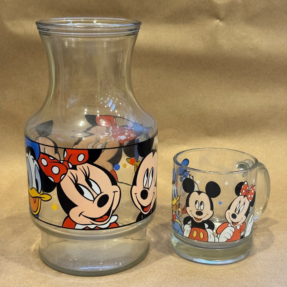VTG Anchor Hocking Disney Mickey & Minnie Mouse Donald Duck & Goofy Carafe & Mug